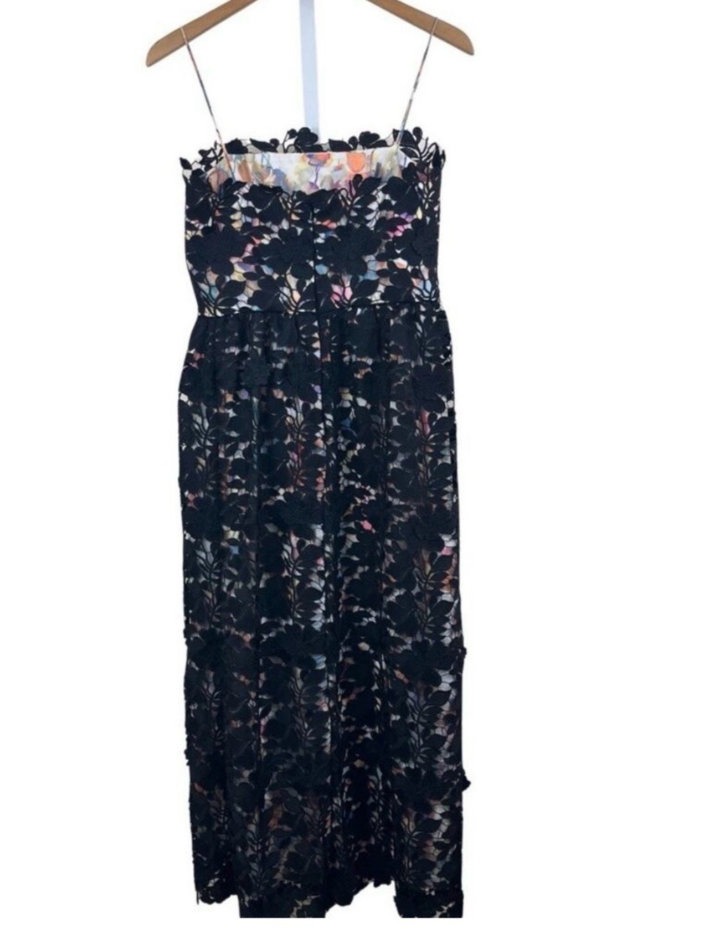 Black Floral Lace Midi Dress with Subtle Multicolor Underlay - Picture 3 of 5